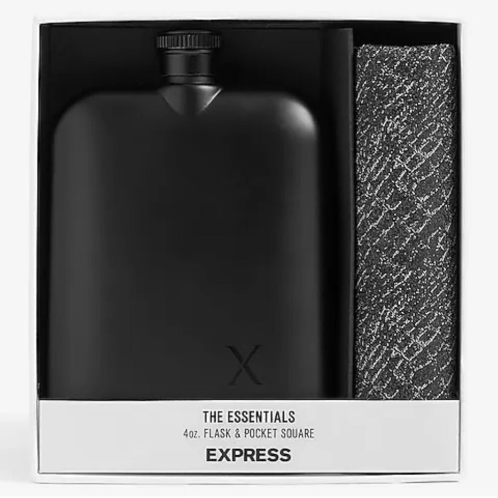 Express the essentials matte Black 4oz Flask and Pocket Square gift set